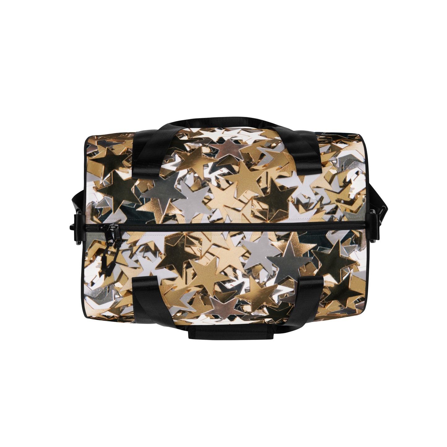 PJ Designs all over print workout bag with metallic gold and silver star pattern and black handles