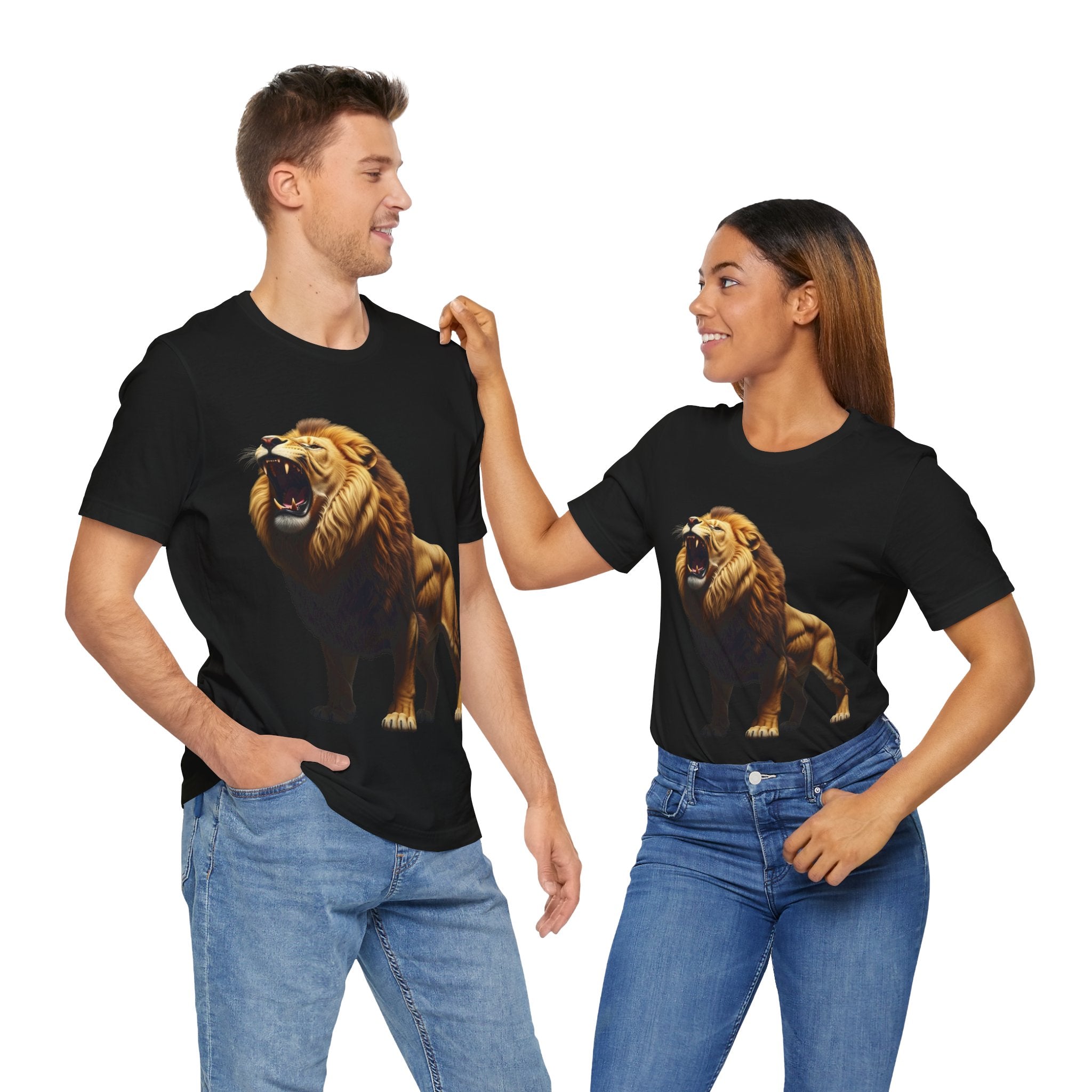 Printify bold wildlife print shirt featuring a roaring lion design on black t-shirts worn by man and woman