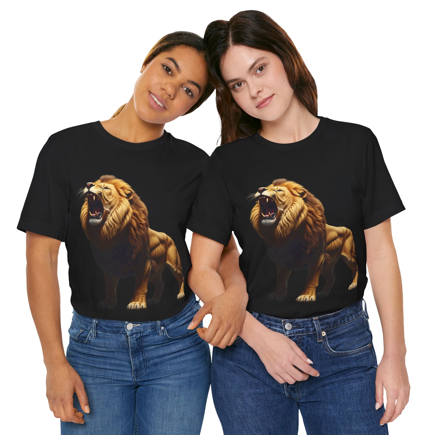 Two women wearing Printify black t-shirts with a bold wildlife print shirt of a roaring lion