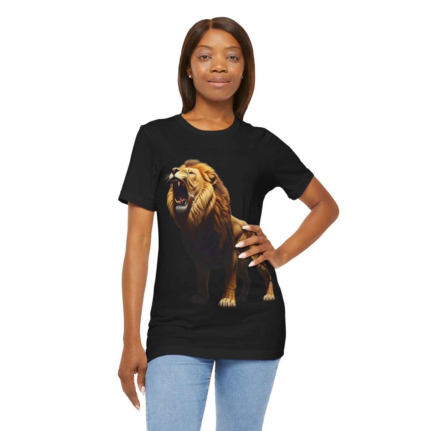 Printify black t-shirt with bold wildlife print shirt featuring roaring lion on front