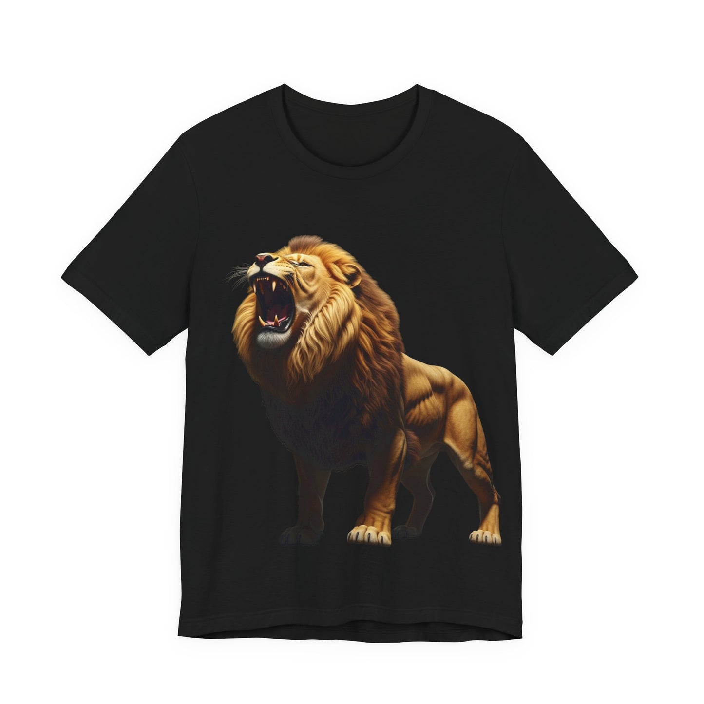 Black Printify T-Shirt featuring a bold wildlife print shirt design of a roaring lion