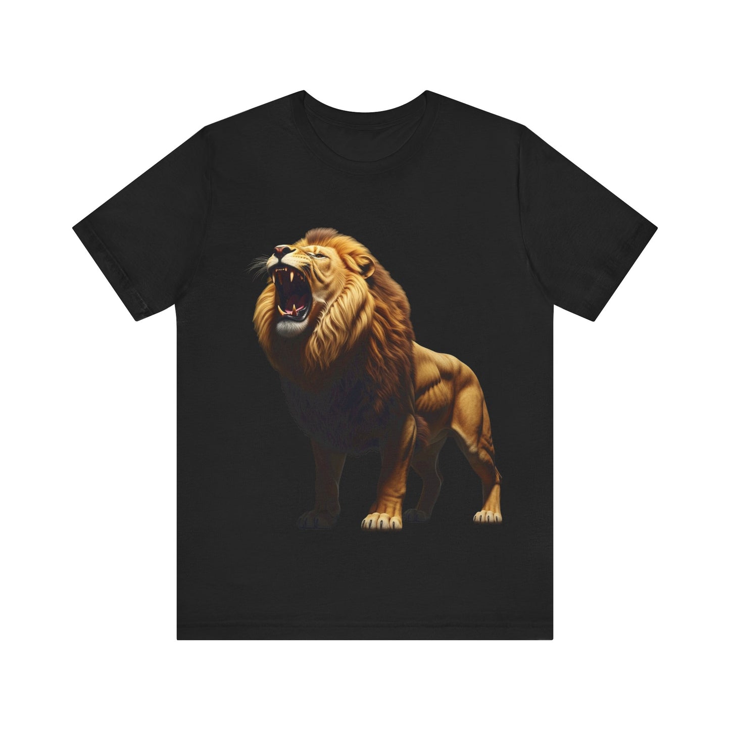 Black Printify T-shirt featuring a bold wildlife print shirt of a roaring lion graphic