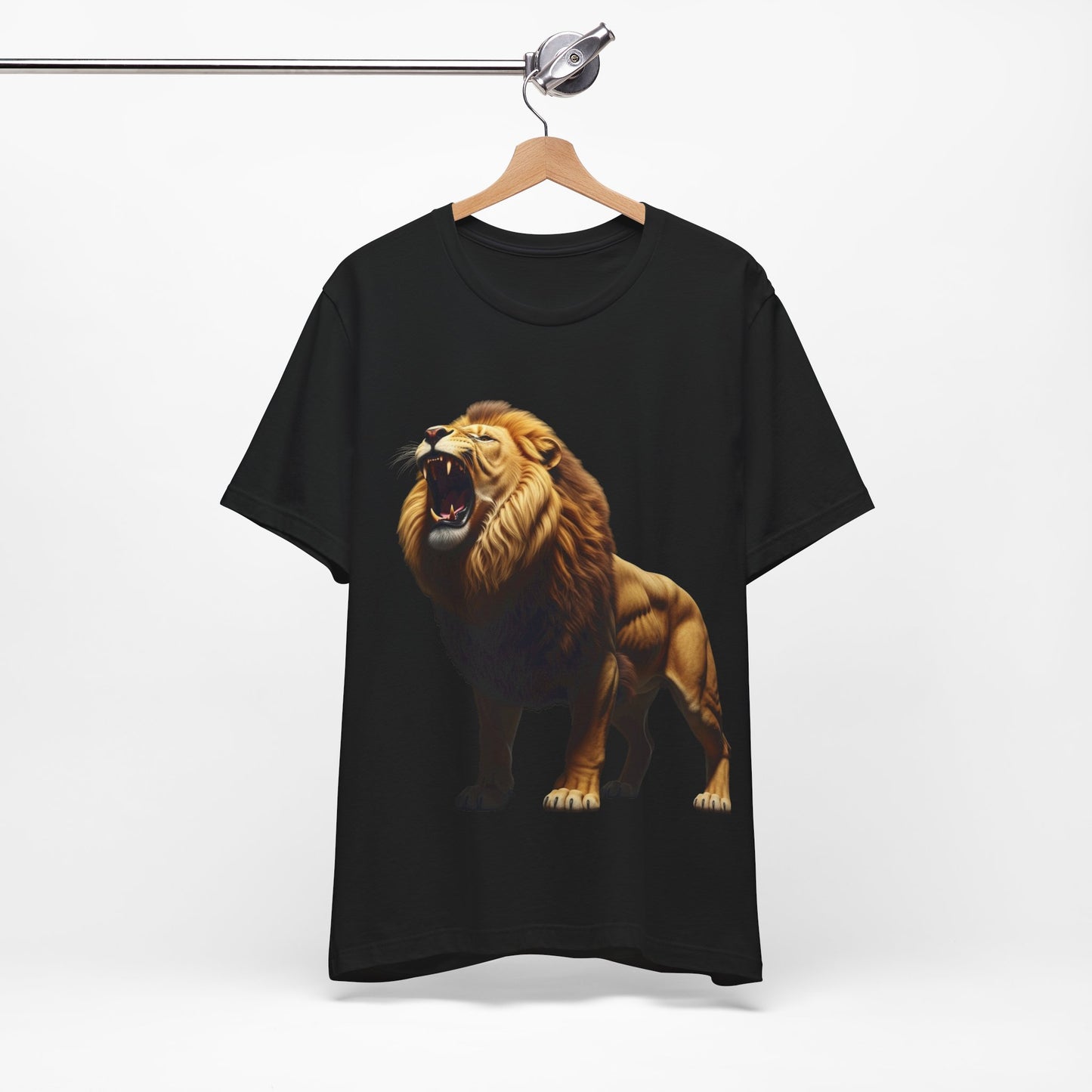 Black Printify T-shirt featuring a bold wildlife print shirt design with a roaring lion graphic