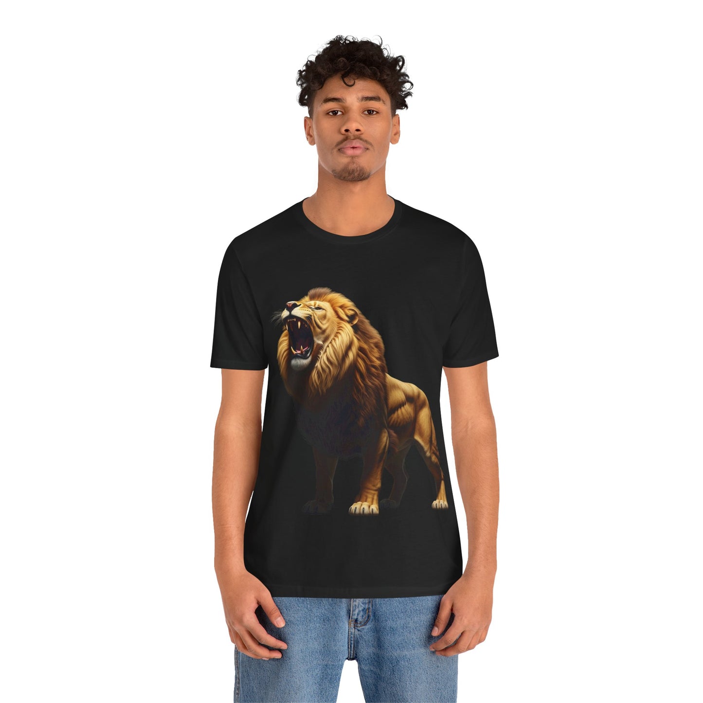 Printify black T-shirt with bold wildlife print shirt featuring a roaring lion design