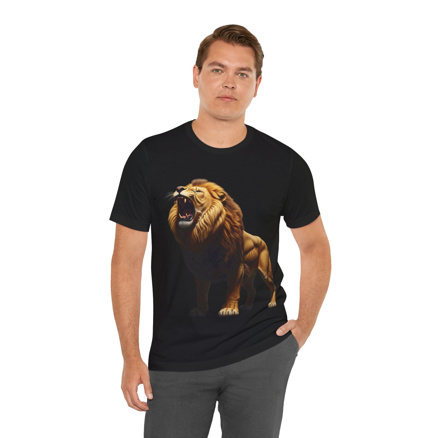 Printify black T-shirt with bold wildlife print shirt featuring a roaring lion graphic