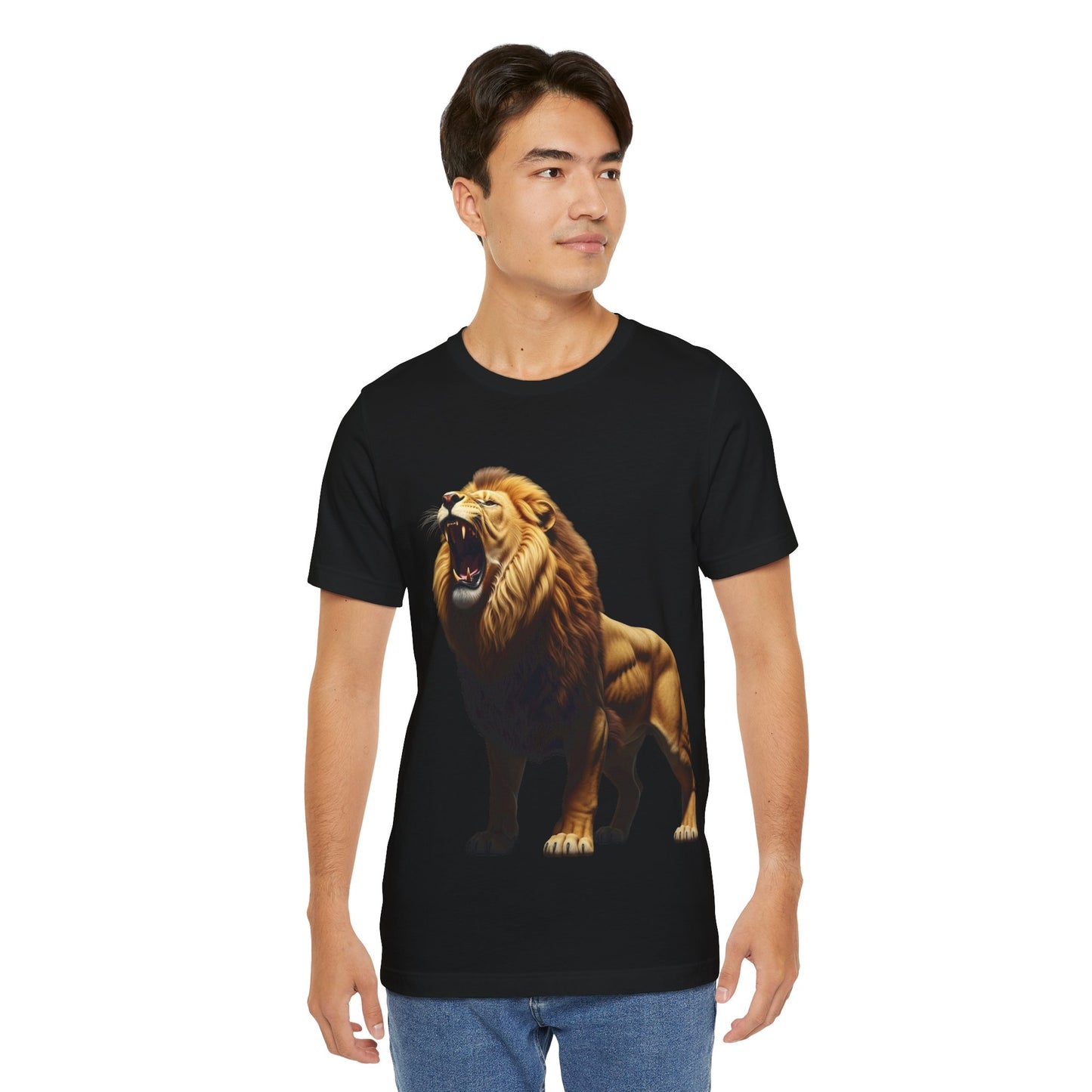 Black Printify T-shirt featuring a bold wildlife print shirt with a roaring lion graphic