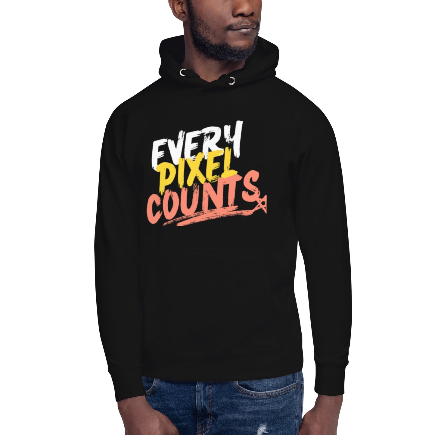 Black graphic print hoodies for men and women by PJ Designs with Every Pixel Counts text