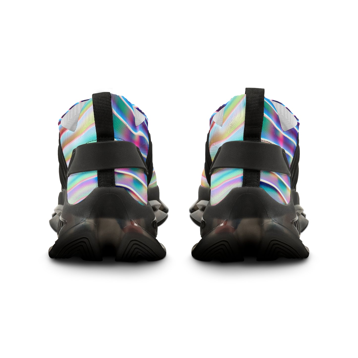 PJ Designs colorful athletic sneakers for men showing back view with vibrant patterns and black soles