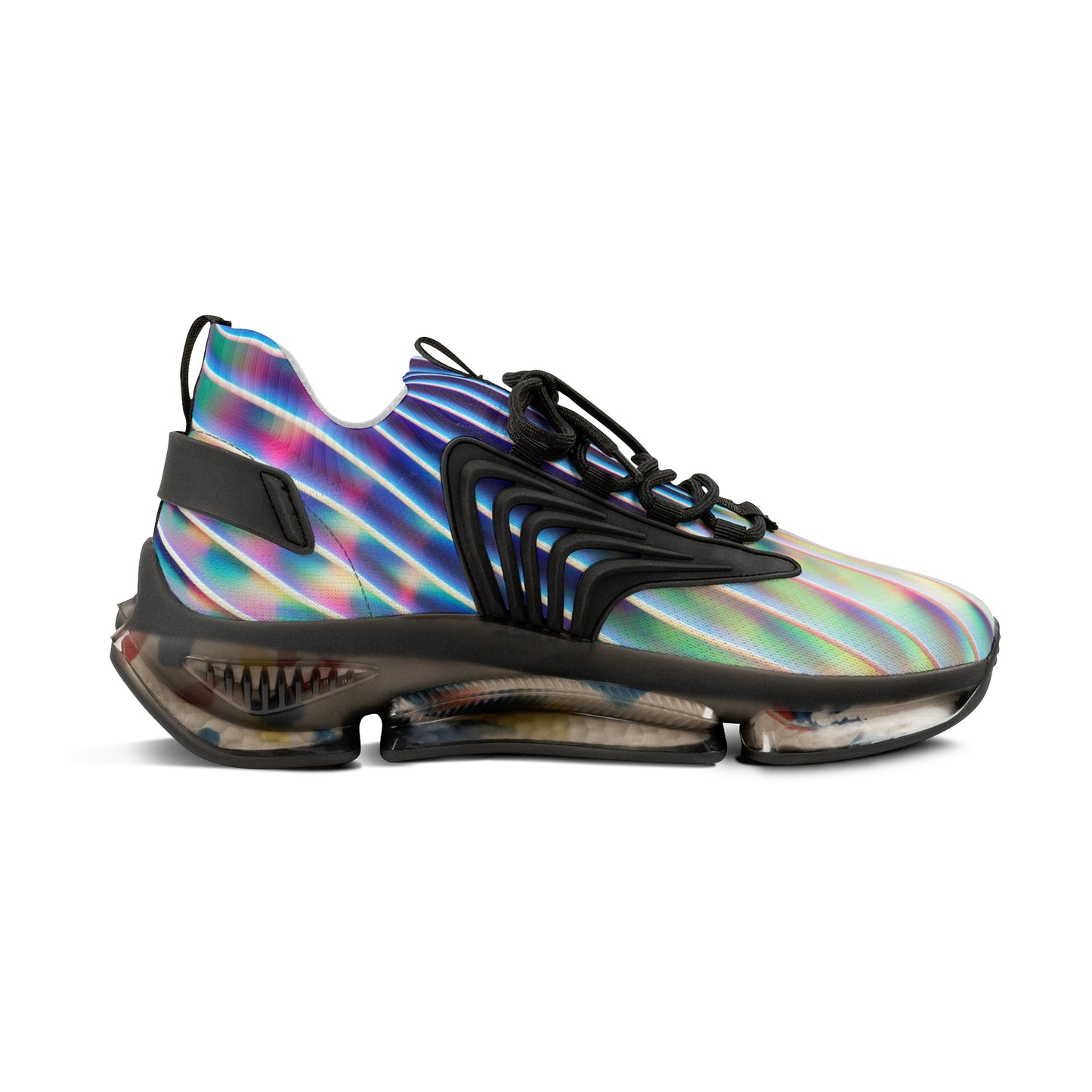 PJ Designs colorful athletic sneakers for men with unique striped pattern and black accents