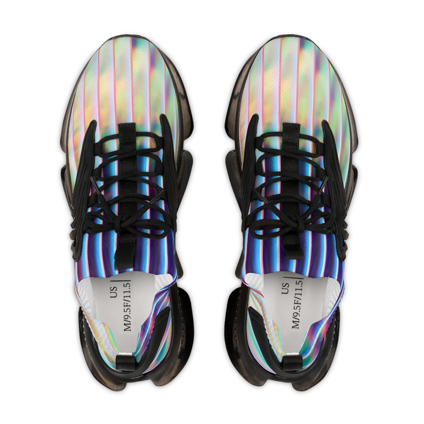 PJ Designs colorful athletic sneakers for men with black laces and iridescent striped upper