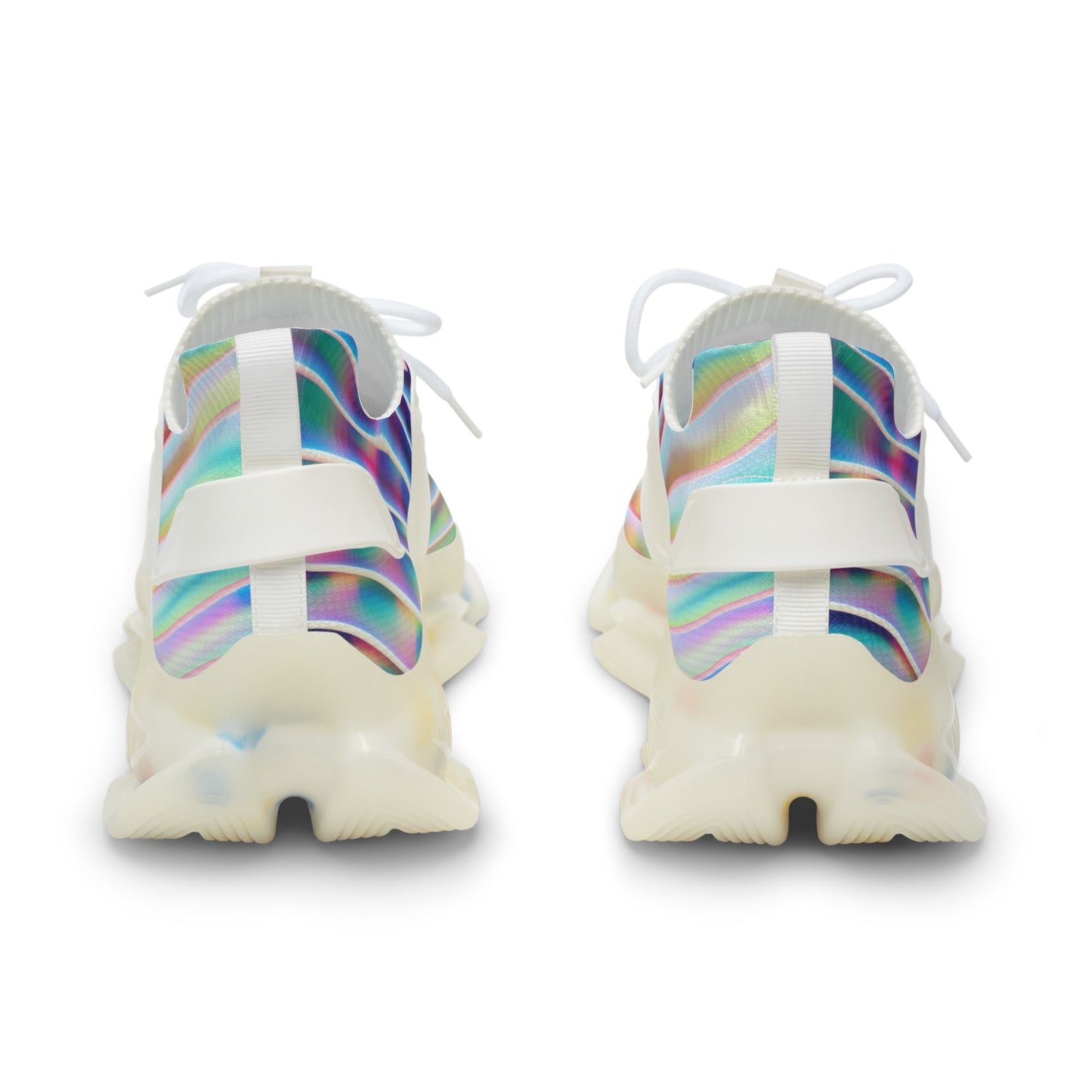 Pair of colorful athletic sneakers for men by PJ Designs viewed from the back with white soles and laces