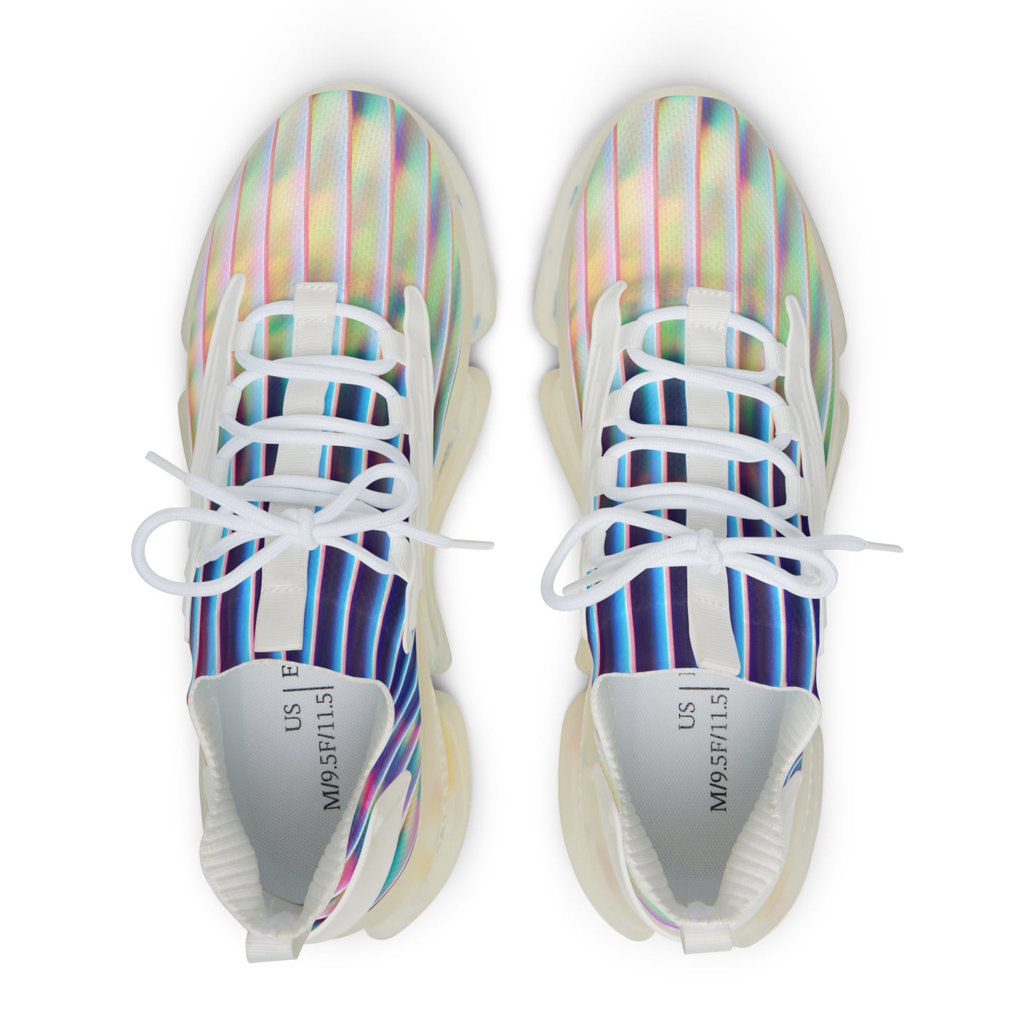 PJ Designs colorful athletic sneakers for men with white laces and striped iridescent upper