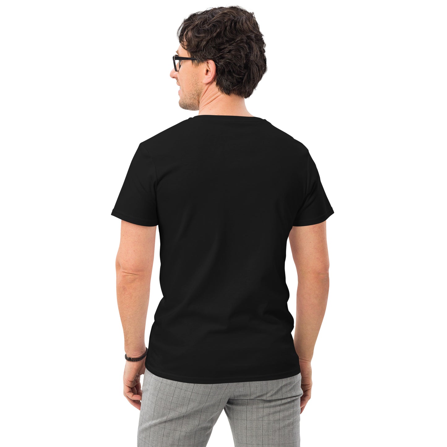 Back view of a man wearing a comfortable men's fashion t-shirt in black by PJ Designs