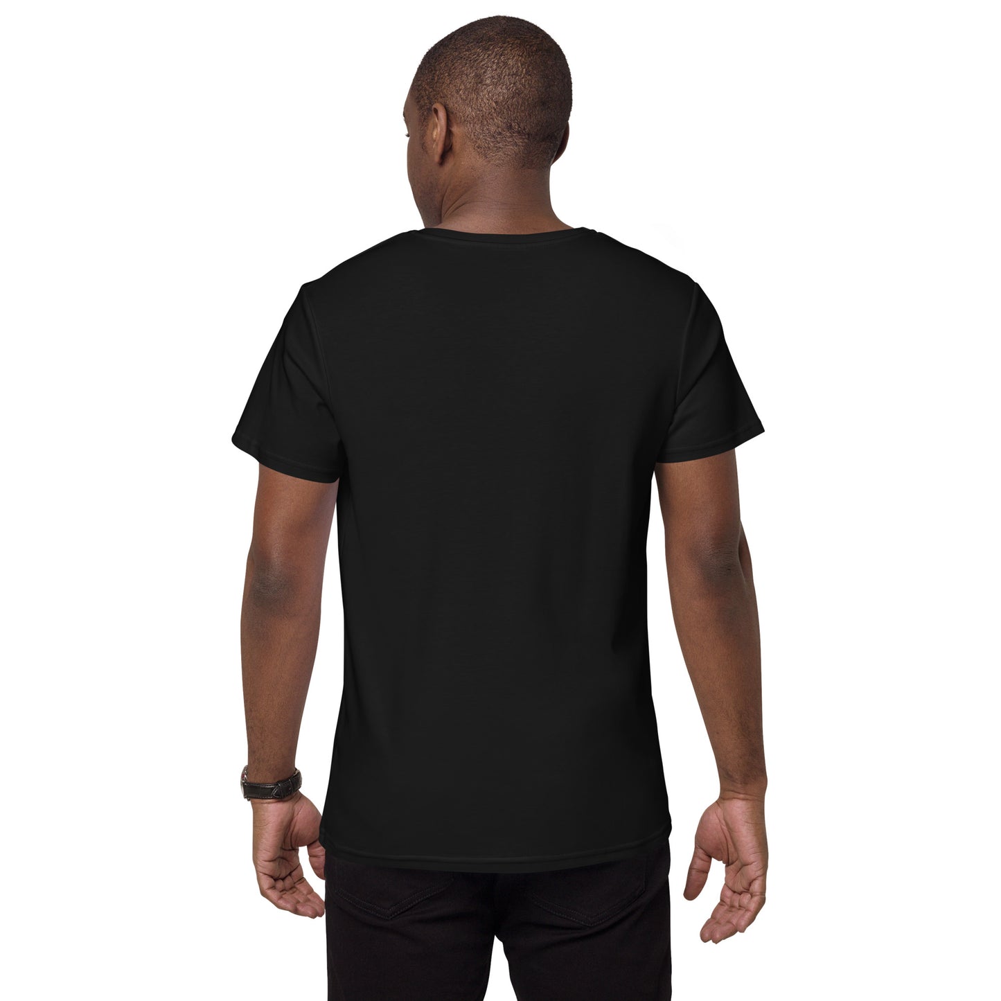 Back view of a man wearing a black comfortable men's fashion t-shirt by PJ Designs