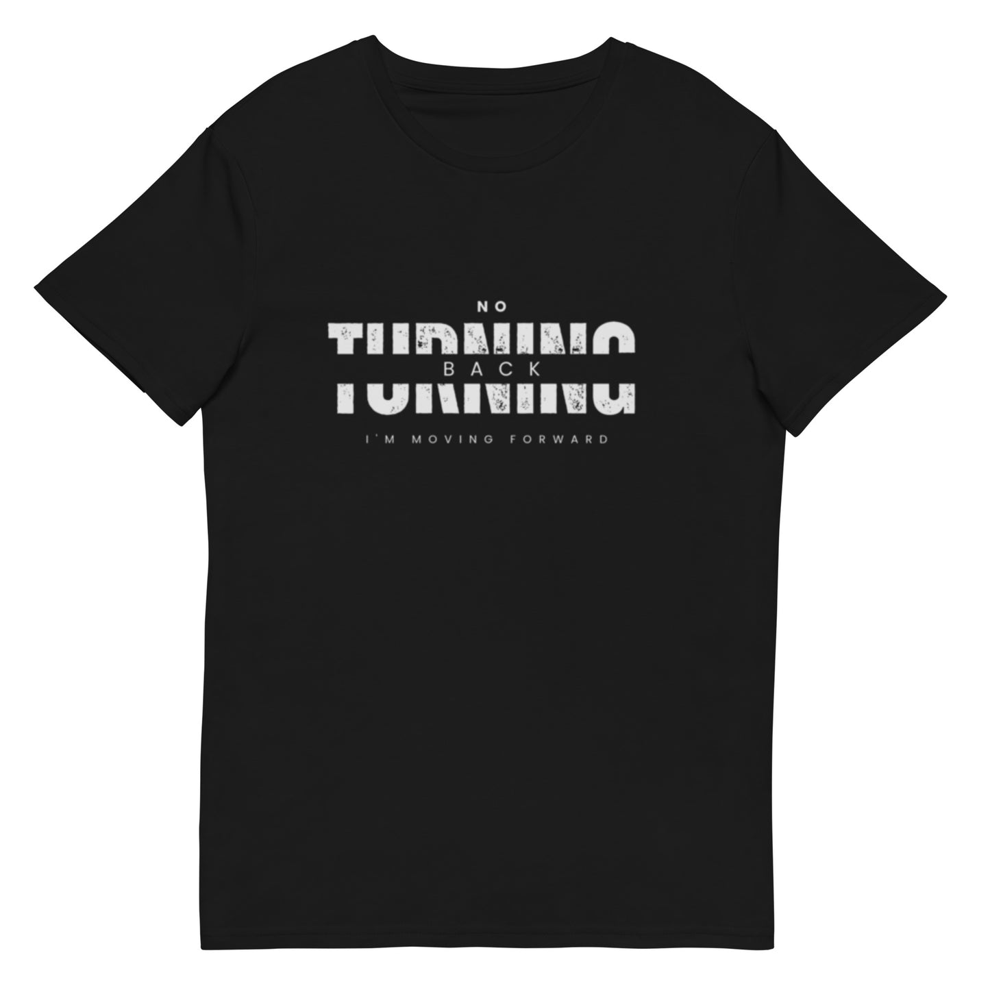 PJ Designs black comfortable men's fashion t-shirt with white No Turning Back text graphic