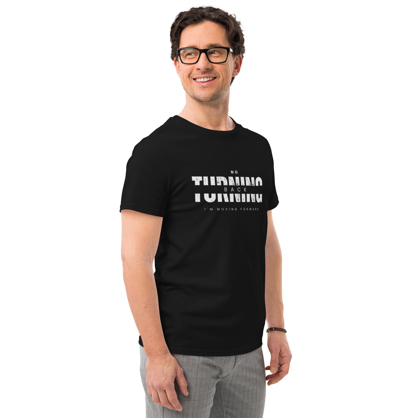 Man wearing a comfortable men's fashion t-shirt by PJ Designs with turning back graphic print
