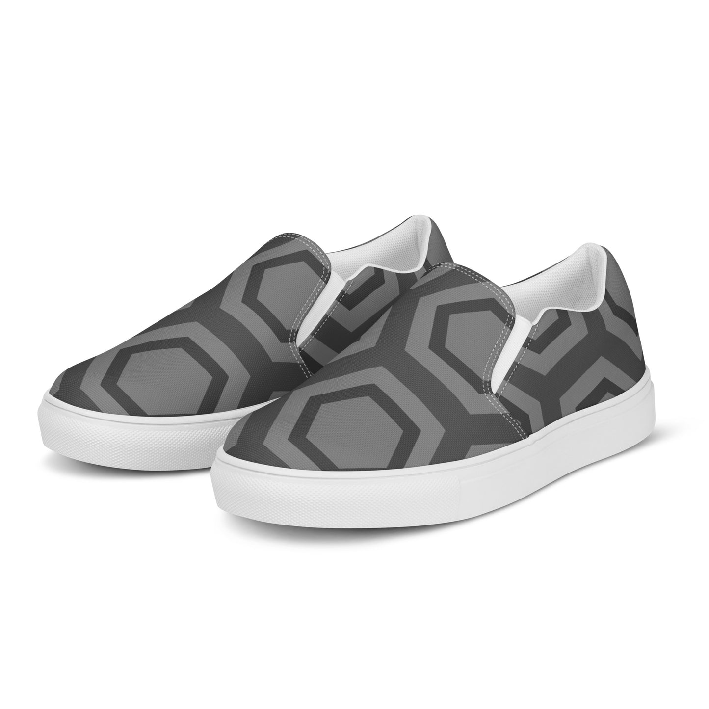 PJ Designs comfortable men's slip-on loafers with gray geometric pattern and white sole