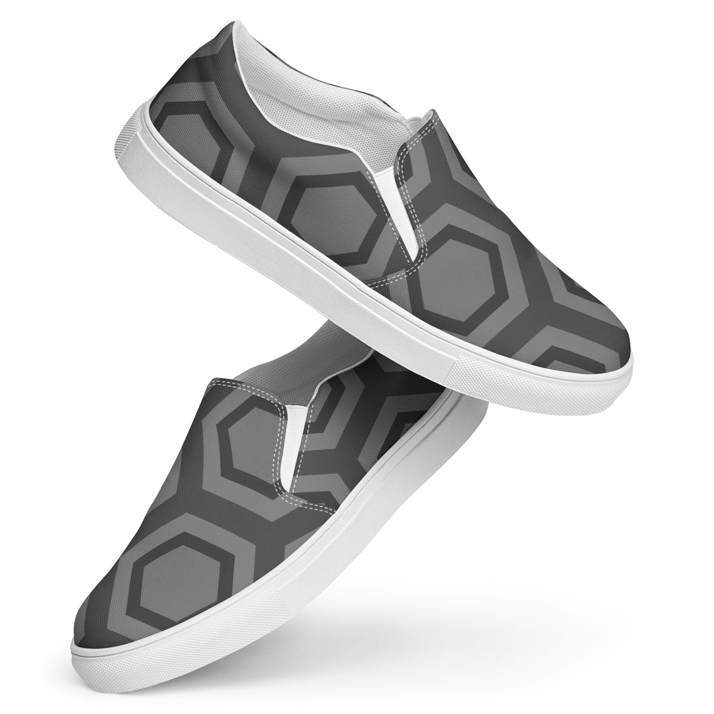 Comfortable men's slip-on loafers by PJ Designs with gray hexagon pattern and white soles