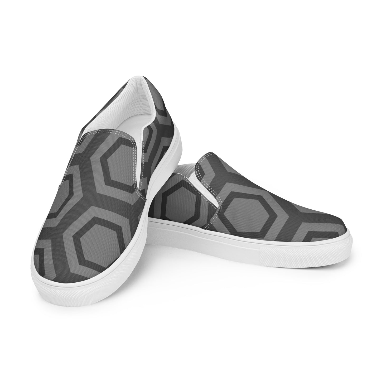 PJ Designs comfortable men's slip-on loafers with black geometric pattern and white soles