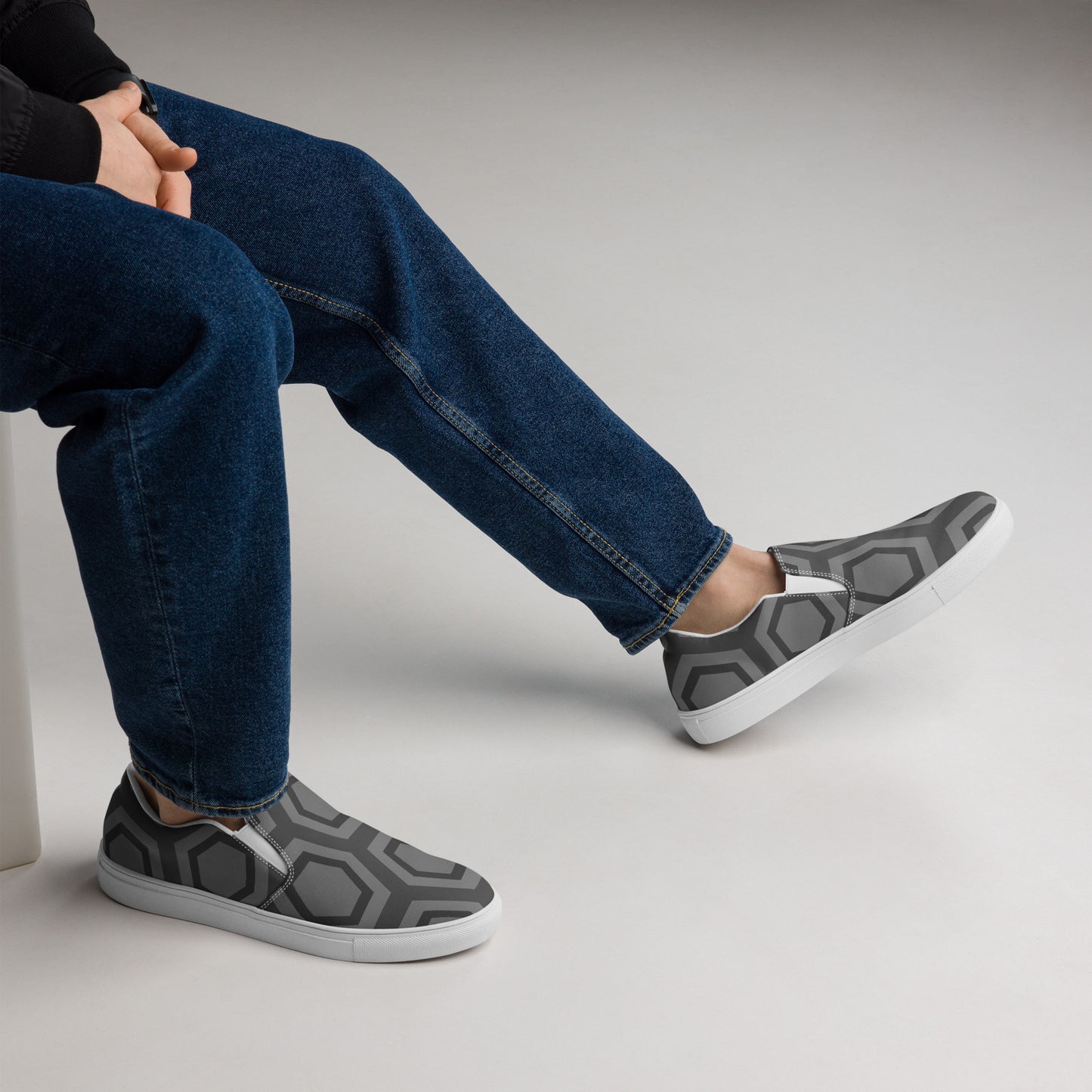 Comfortable men's slip-on loafers by PJ Designs in gray with geometric pattern and white soles