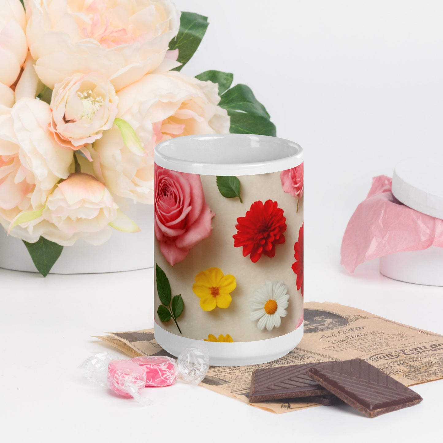 PJ Designs custom printed ceramic mug with colorful floral all over prints on a white background