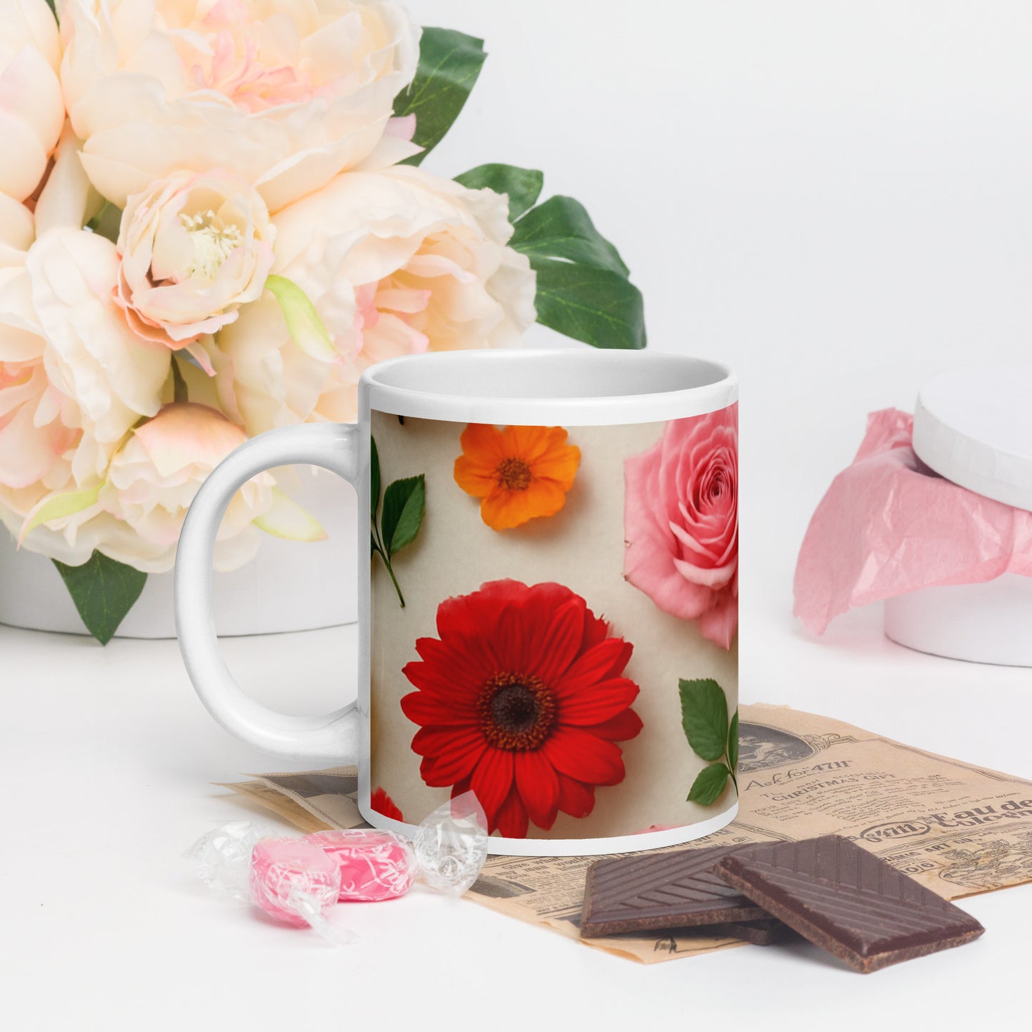 Custom printed ceramic mug by PJ Designs featuring vibrant red and pink floral all over prints
