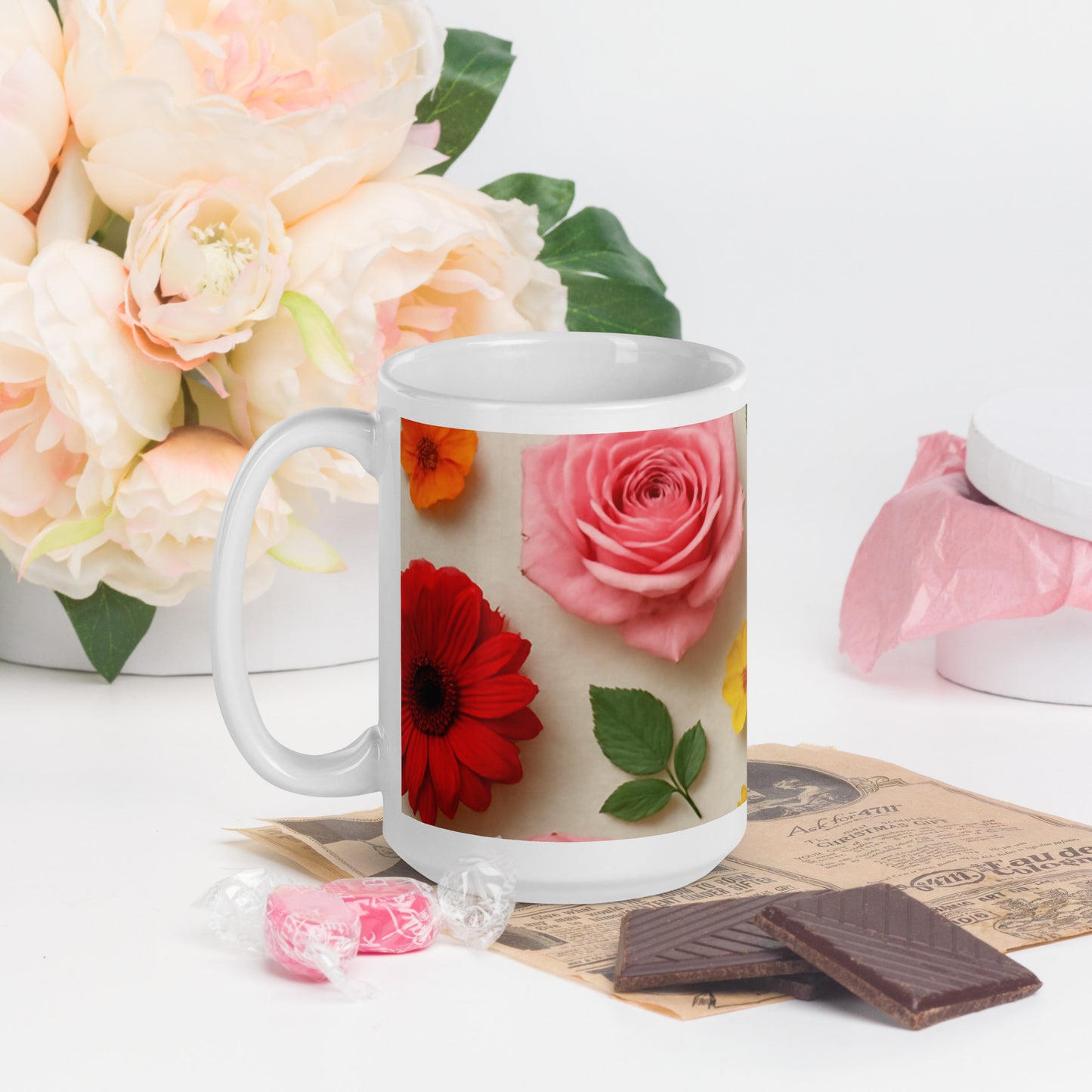 PJ Designs custom printed ceramic mug featuring colorful floral all over prints with roses and leaves