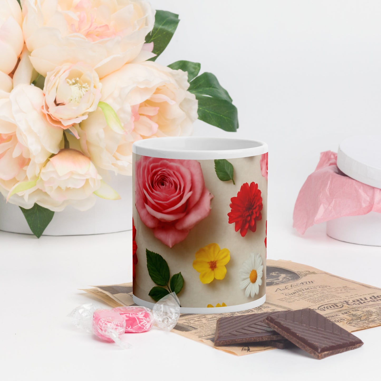 Custom printed ceramic mug with all over floral prints including roses and daisies by PJ Designs
