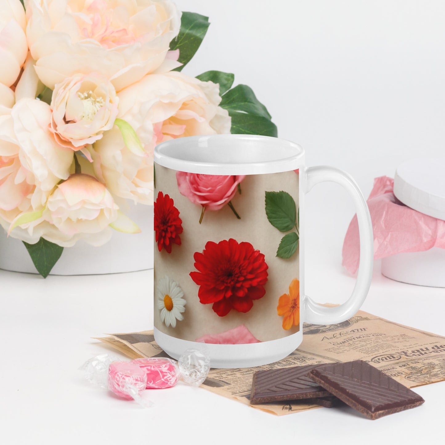PJ Designs custom printed ceramic mug with vibrant red and white flower pattern on all over print