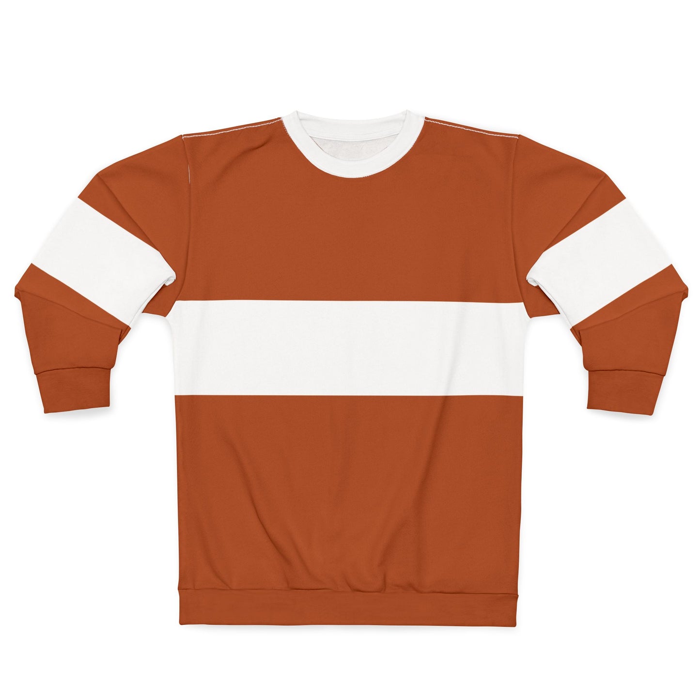 Printify fall casual sweatshirt for men and women in rust orange and white color block design