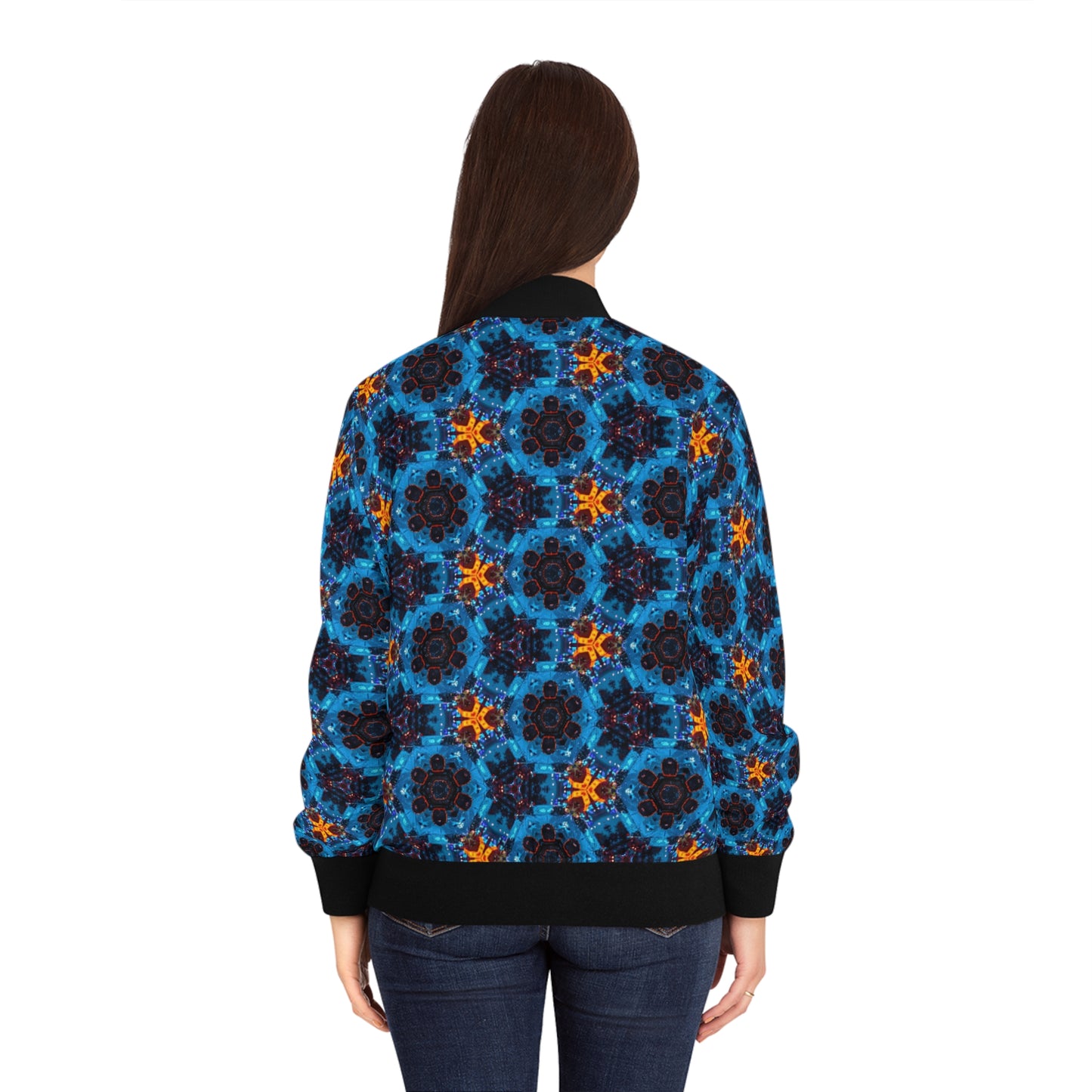 Back view of funky floral bomber jacket for women by PJ Designs with vibrant blue and orange pattern