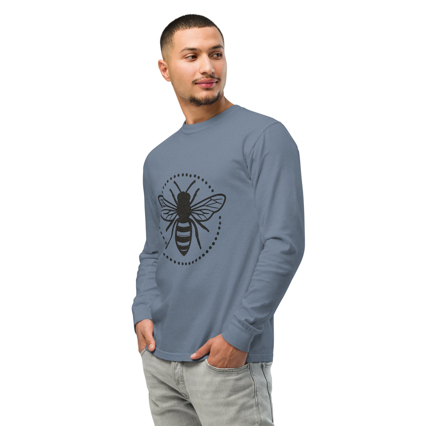 PJ Designs garment-dyed heavyweight long sleeve shirt in blue with black bee graphic worn by male model