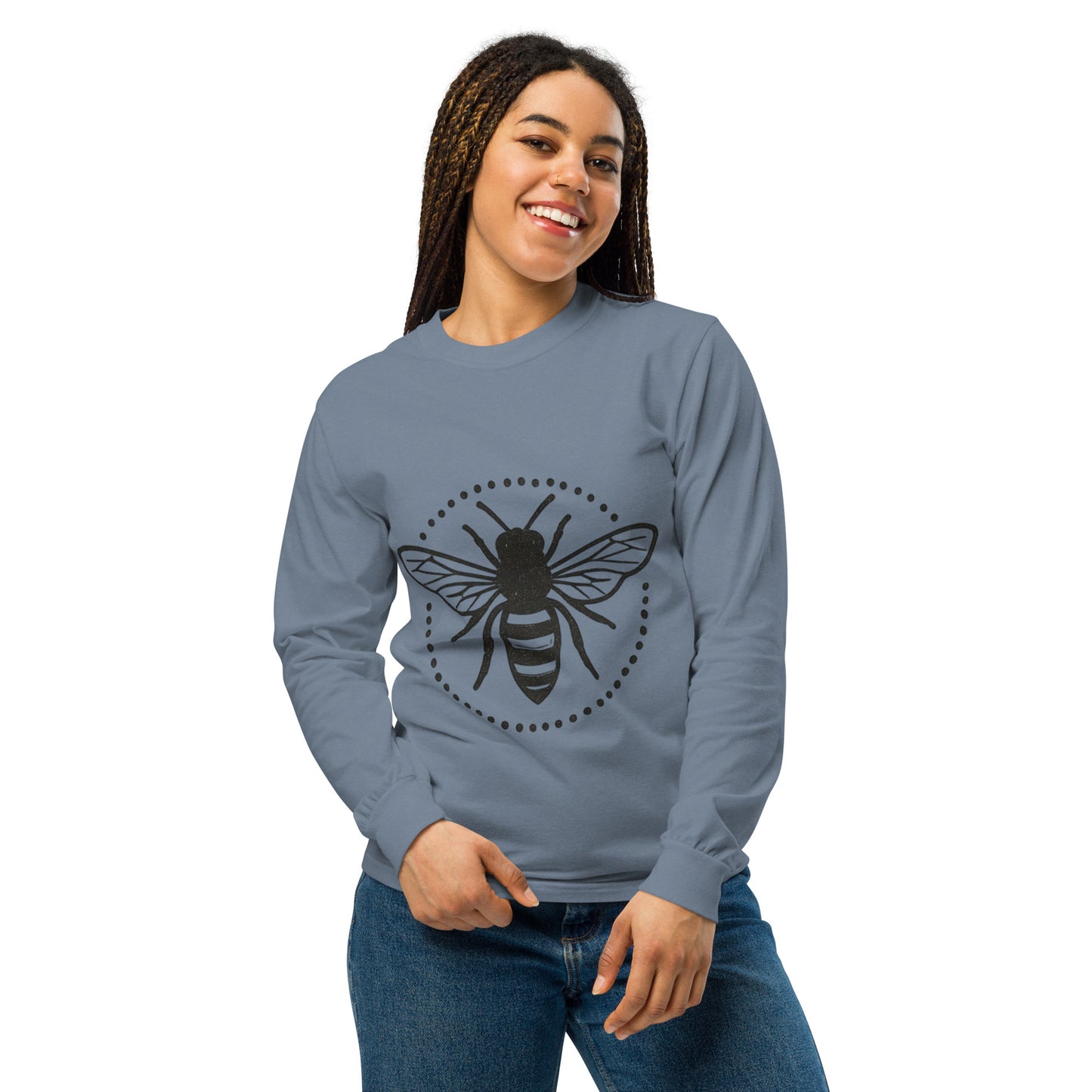 PJ Designs garment-dyed heavyweight long sleeve shirt with bee graphic worn by smiling woman