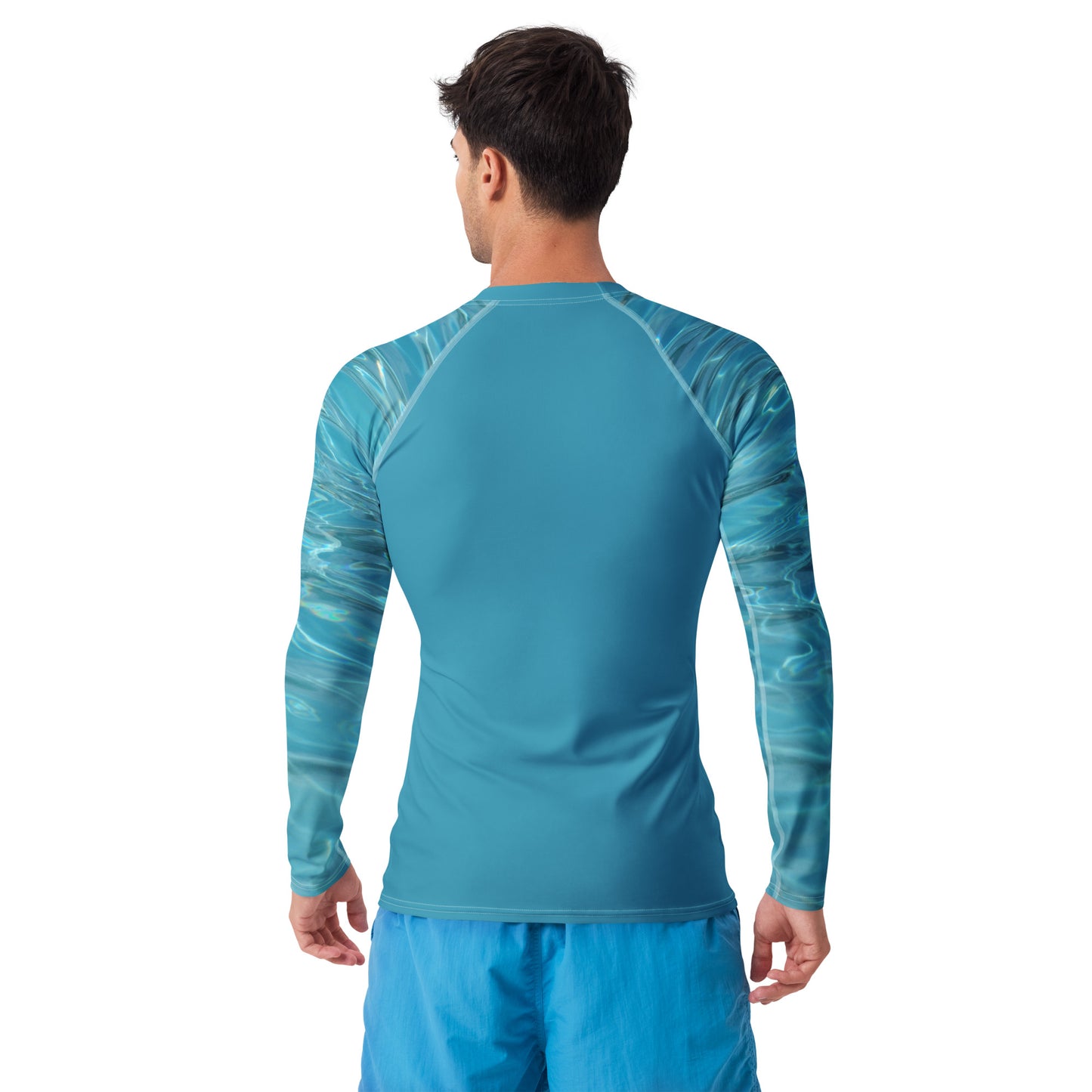 PJ Designs athletic swim top for men in blue with patterned long sleeves shown from the back