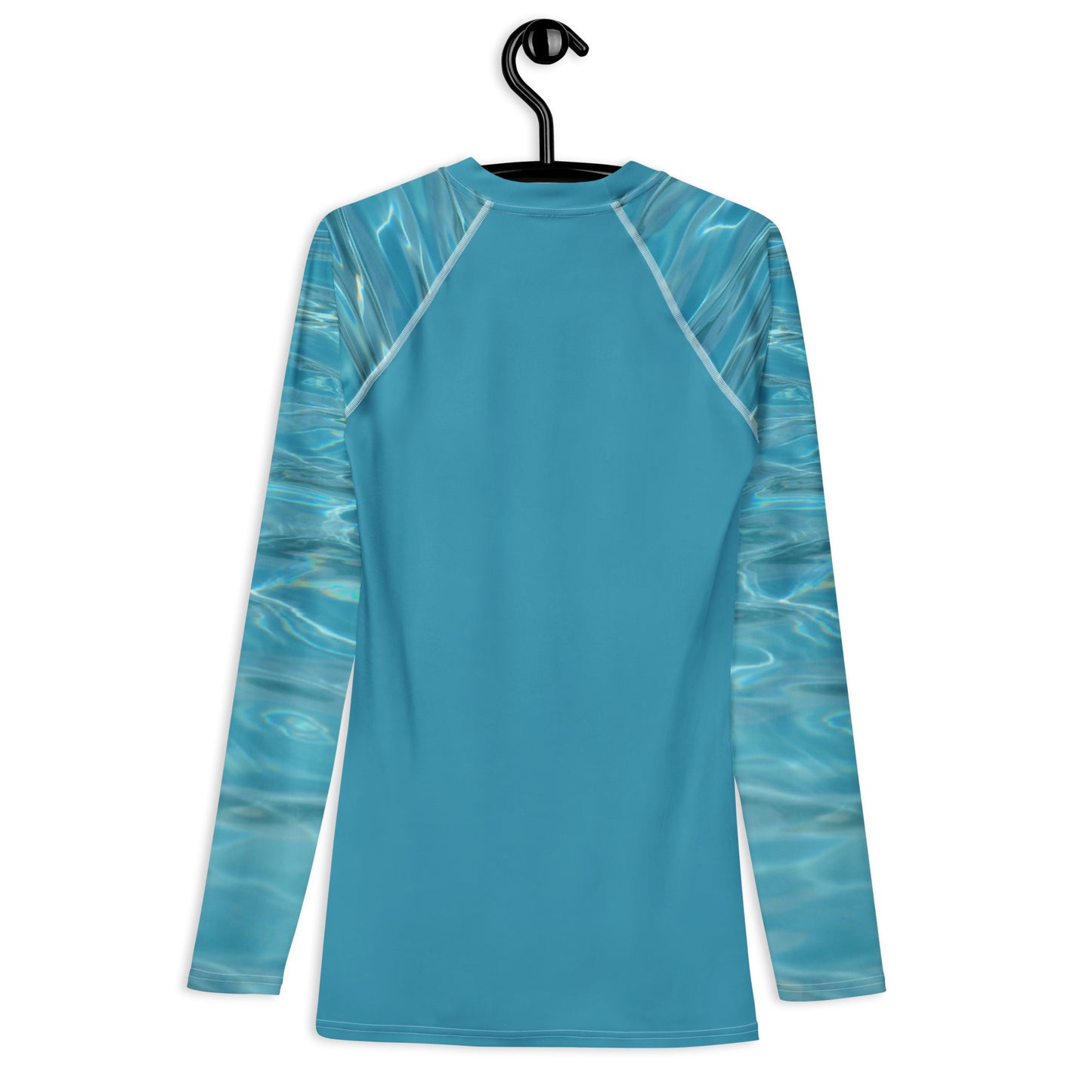 Athletic swim top for men in blue with water pattern long sleeves hanging on black hanger