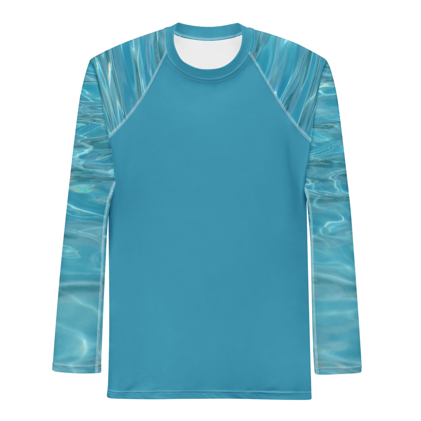PJ Designs athletic swim top for men with long sleeves and blue water pattern accents