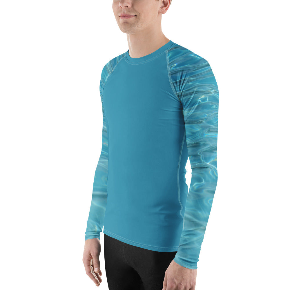 PJ Designs athletic swim top for men in blue with water pattern long sleeves