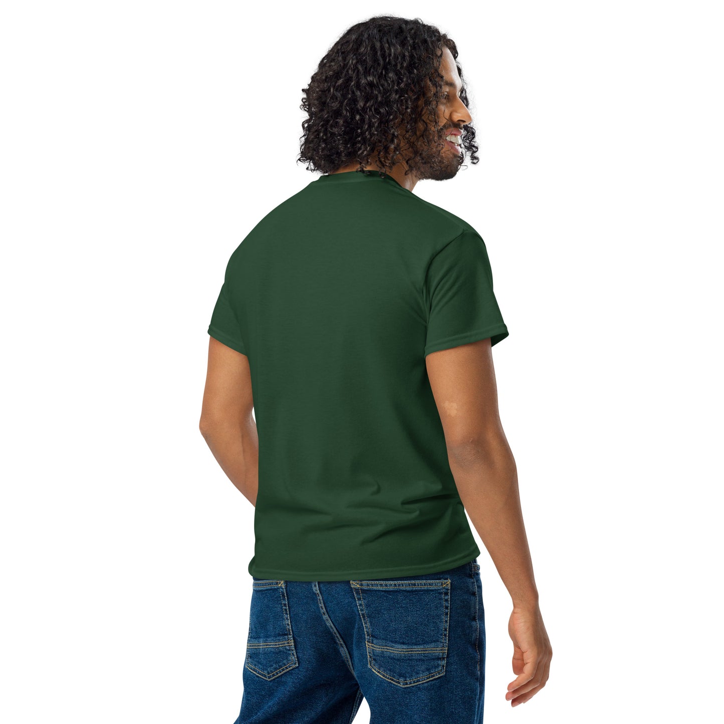 PJ Designs model showing back view of a dark green unisex DryBlend t-shirt with cuffed sleeves
