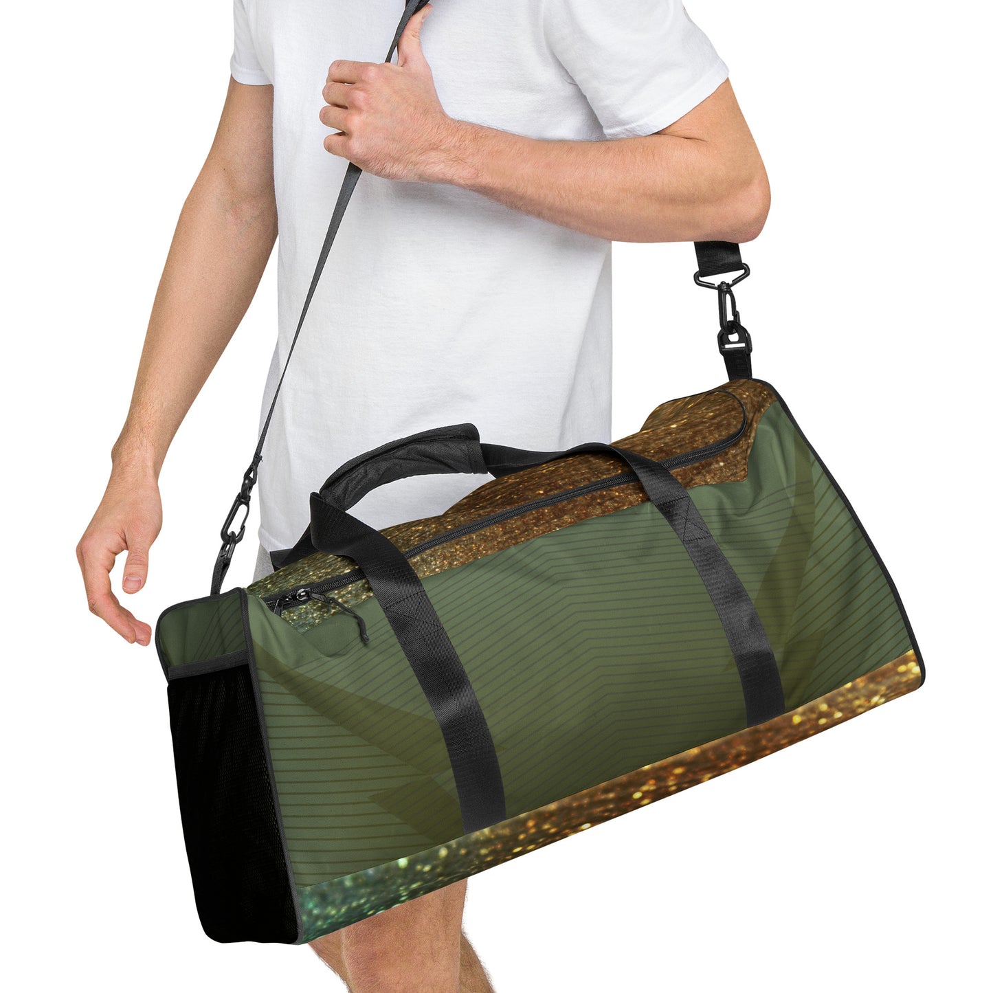 PJ Designs green duffle bag with black straps worn over shoulder by person in white shirt