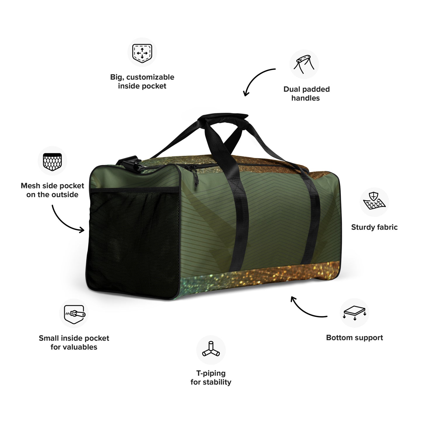 PJ Designs green duffle bag with dual padded handles, mesh side pocket, and bottom support