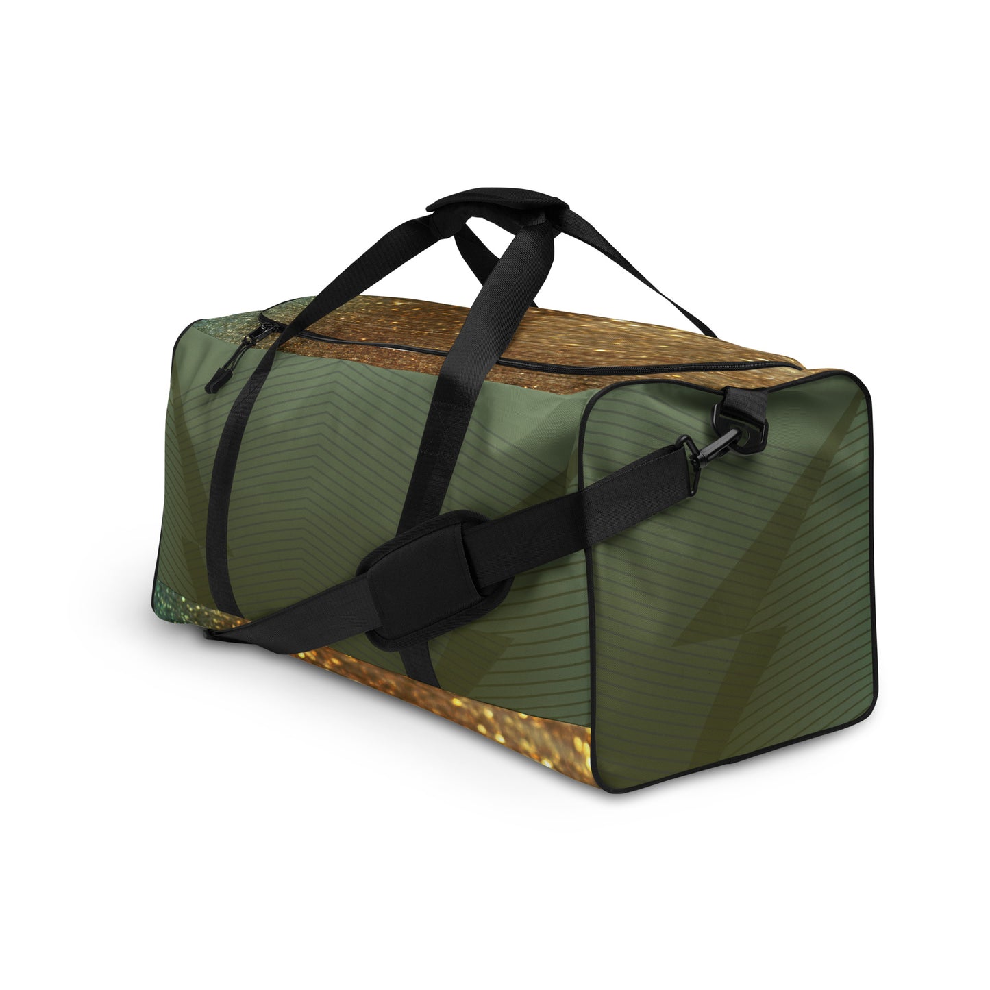 PJ Designs green duffle bag with black straps and adjustable shoulder strap