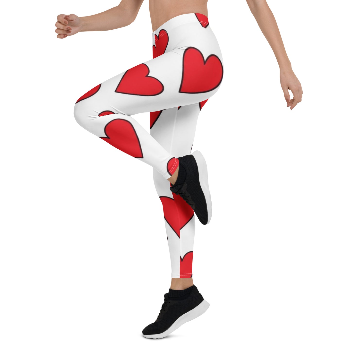 PJ Designs heart print leggings with bold red hearts on white background worn for activewear