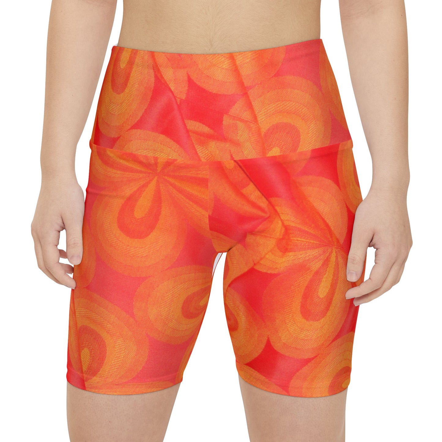 Printify all over prints high waisted gym shorts for women with orange and red abstract design