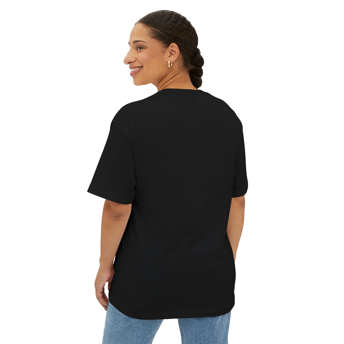 Back view of woman wearing black Houston hip hop t-shirt by PJ Designs with casual fit and short sleeves