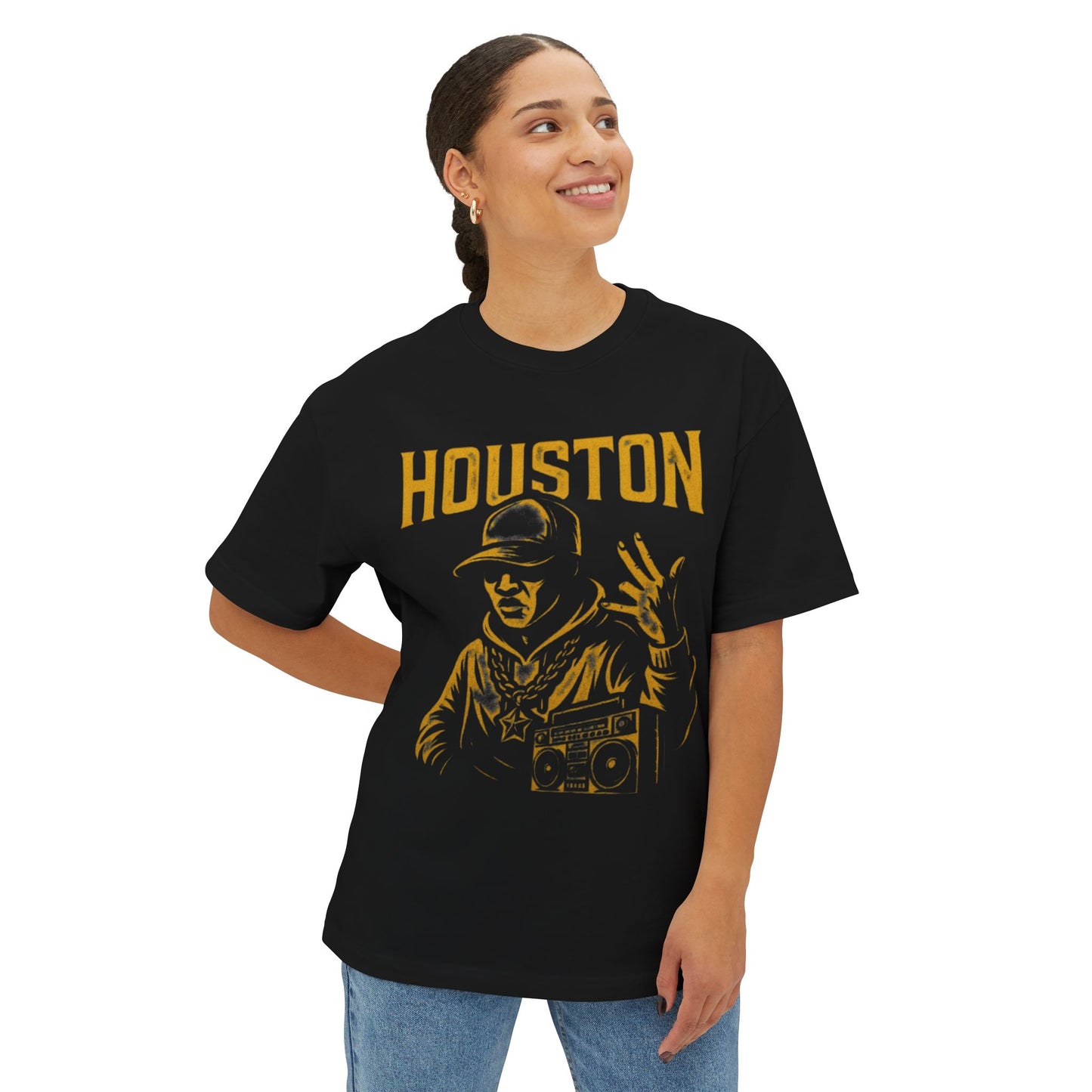 PJ Designs Houston hip hop t-shirt in black with gold graphic of a rapper and boombox