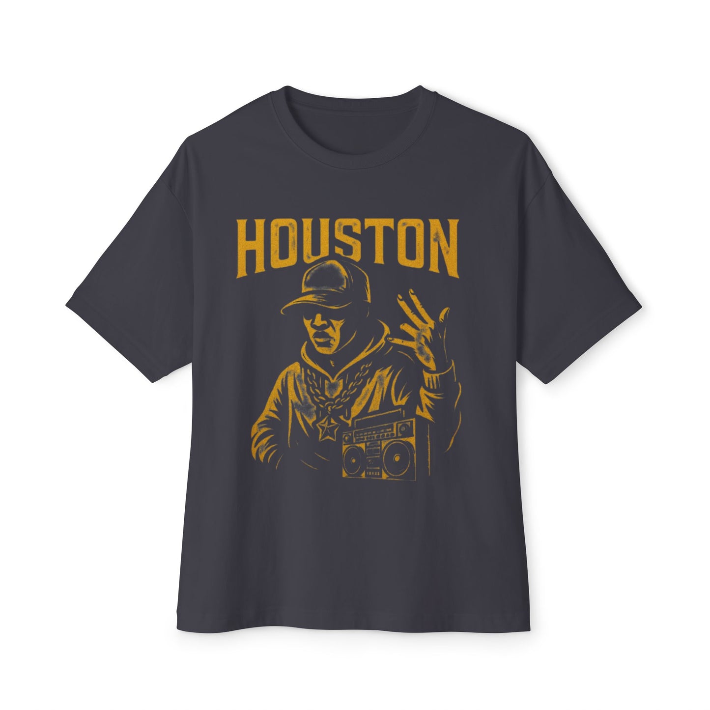 PJ Designs Houston hip hop t-shirt featuring a rapper with a boombox graphic in yellow on black