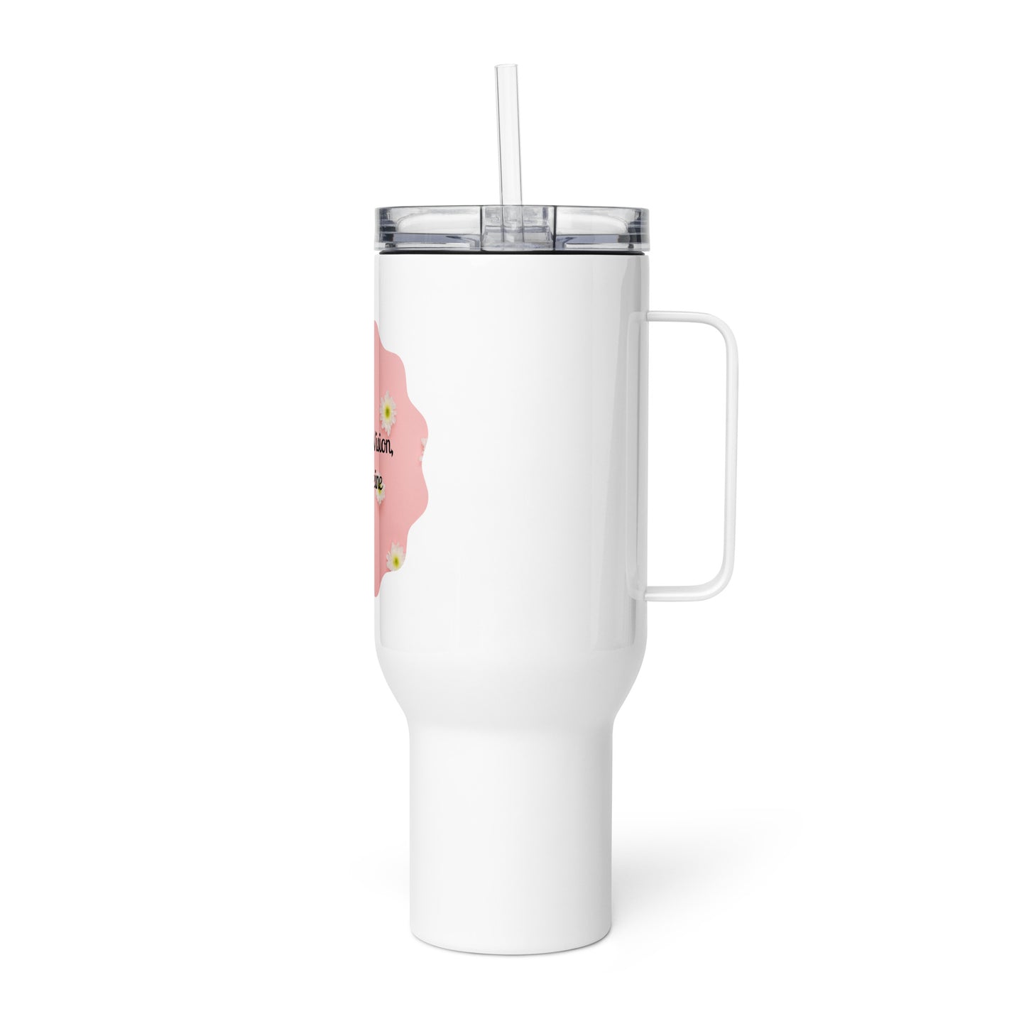 PJ Designs white insulated coffee mug for travel with handle clear lid and straw