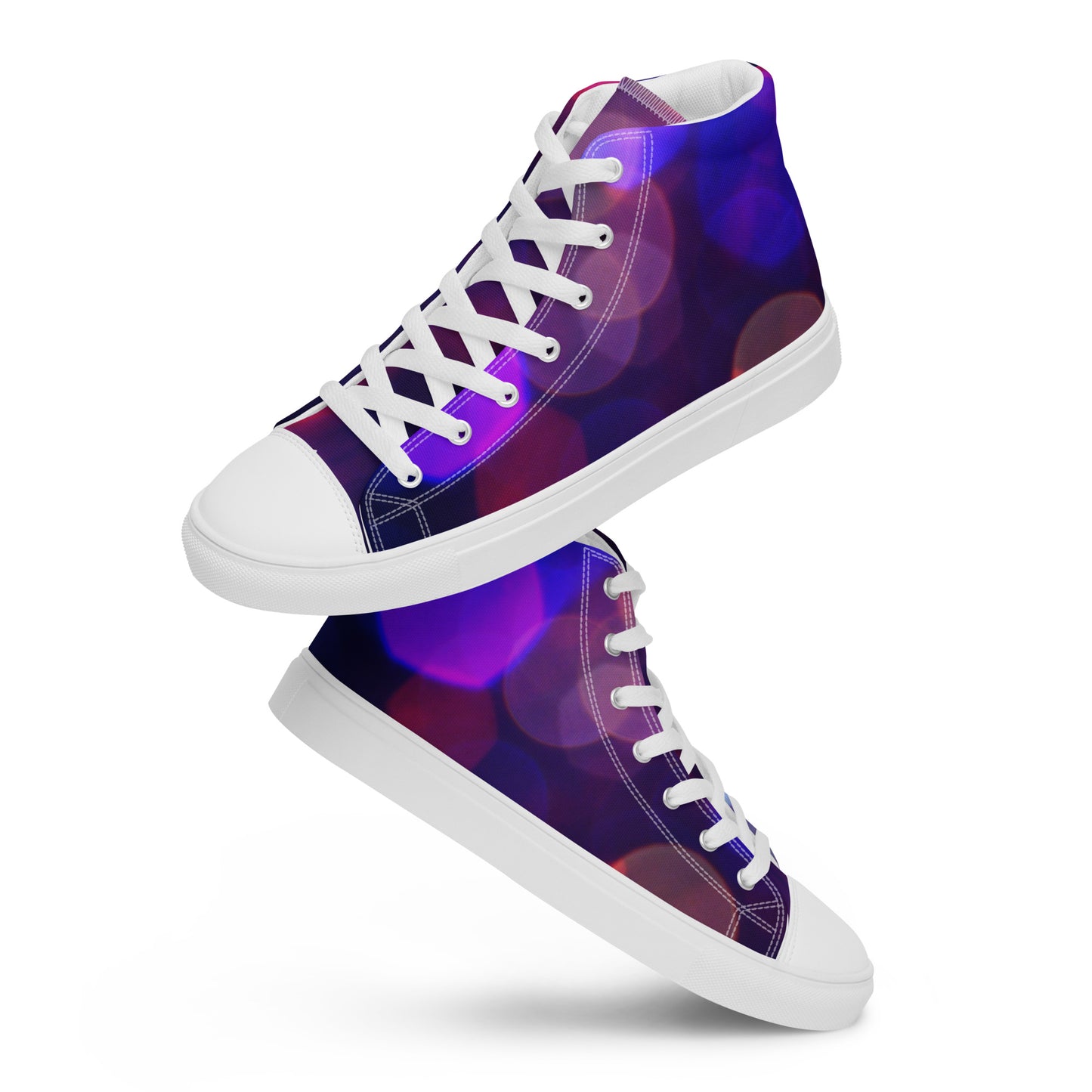 PJ Designs men's high top canvas shoes with purple and blue abstract pattern and white laces
