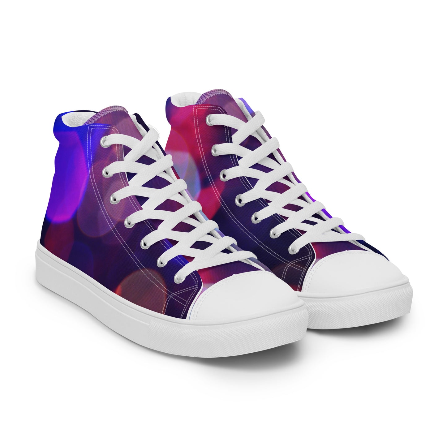 PJ Designs men's high top canvas shoes with purple and red abstract design and white laces