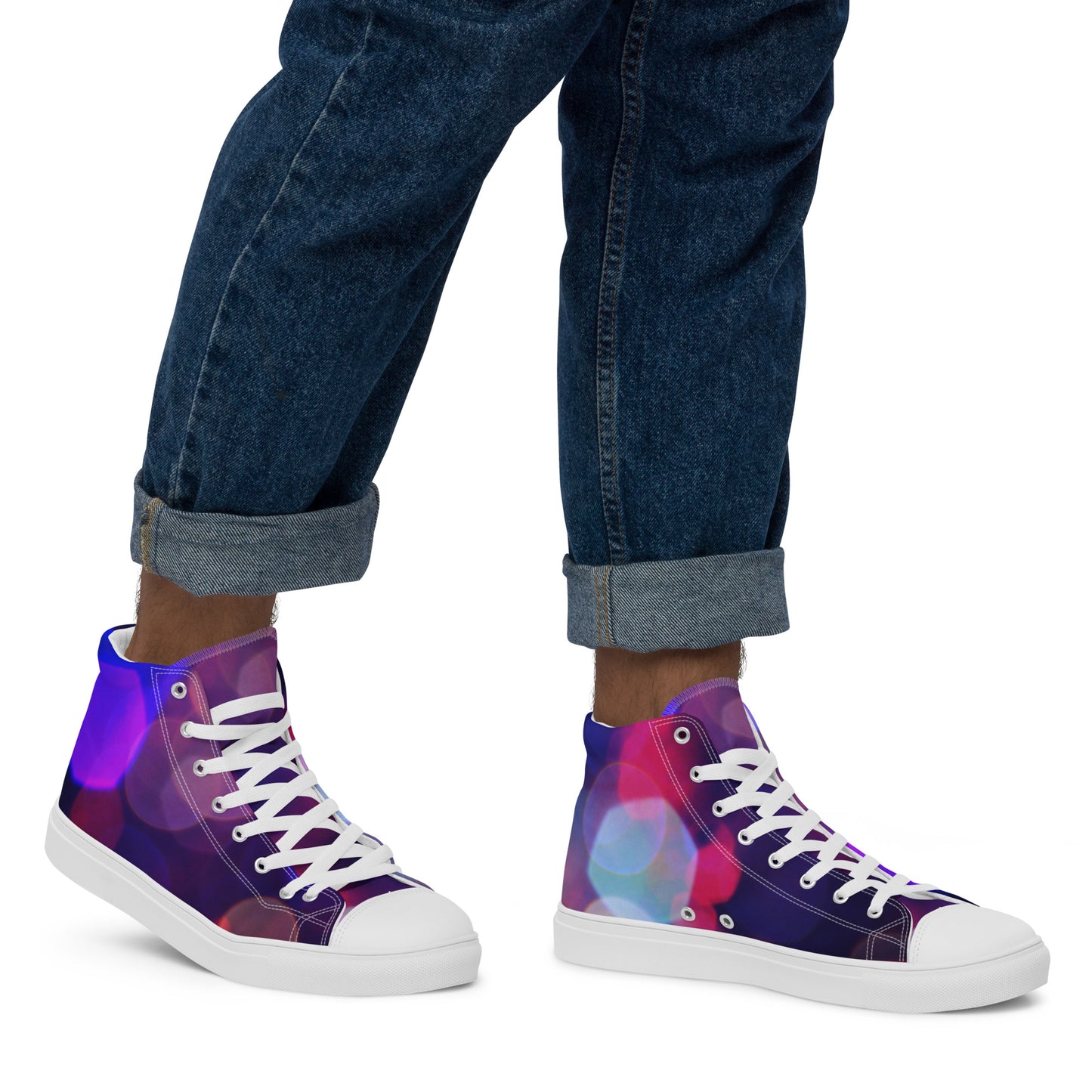 PJ Designs men's high top canvas shoes with colorful purple and pink bokeh design and white laces